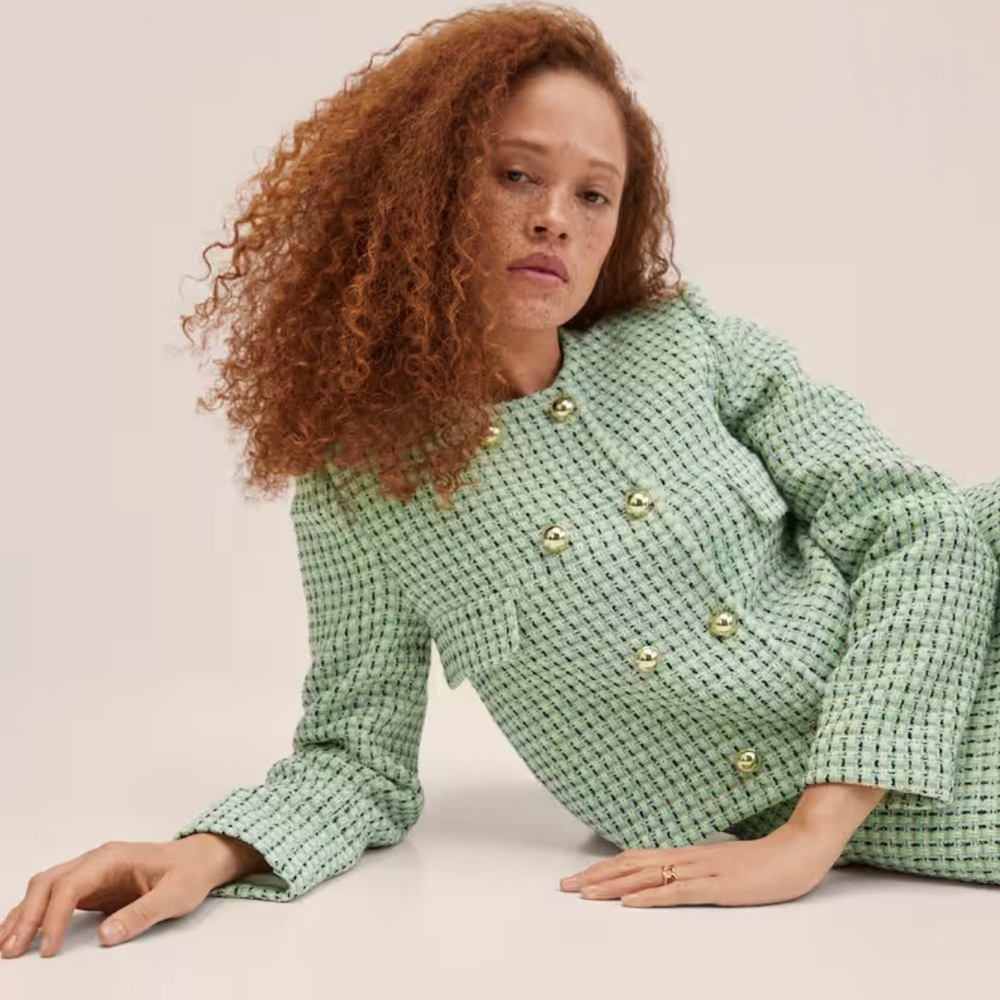 Mango - Green Double-breasted tweed jacket